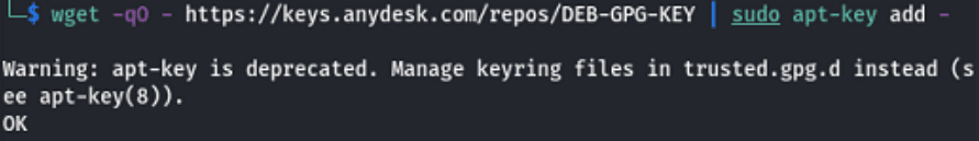 wget -qO - https://keys.anydesk.com/repos/DEB-GPG-KEY | sudo apt-key add -